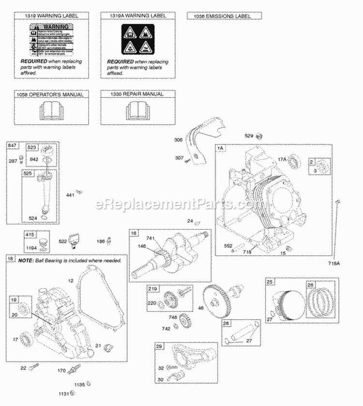 Camshaft Crankcase Cover Crankshaft Cylinder Lubrication OperatorS Manual PistonRingsConnecting Rod Warning Label Diagram and Parts List for 20L236-0111-G1  Briggs and Stratton Engine